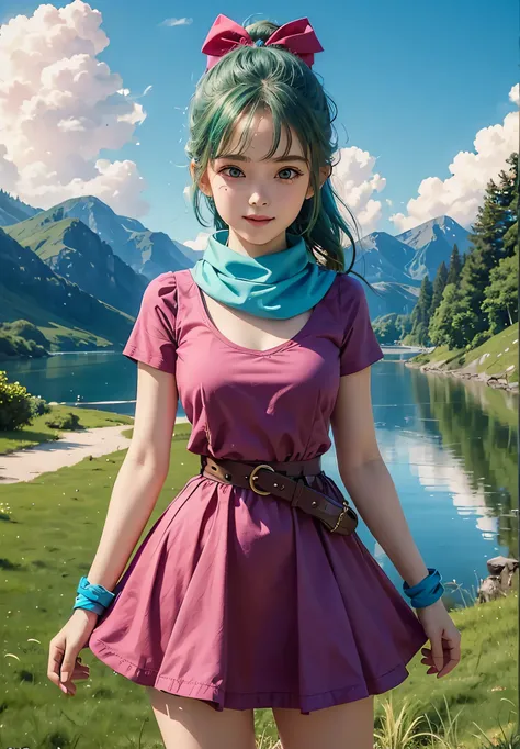 (Photo:1.3), highdetail, Bulma_teen, 1girl, solo, long hair, looking at viewer, blush, smile, bangs, blue eyes, dress, bow, ribbon, standing, hair ribbon, short sleeves, thighs, cowboy shot, outdoors, green hair, sky, day, belt, cloud, water, scarf, blue s...