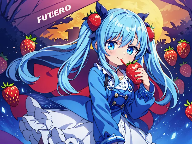 under the blue sky　A strawberry field((Some photos)).beautiful girl with long light blue hair　Hair style is twin tails　adorable smile　eating a big strawberry　Warm strawberry pattern down coat　A big owl is watching over the girl　