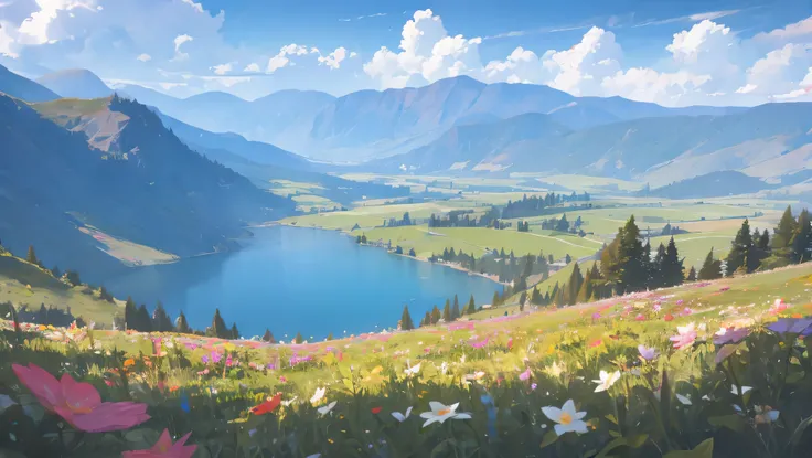 a valley with a huge lake in the morning, clouds and flowers