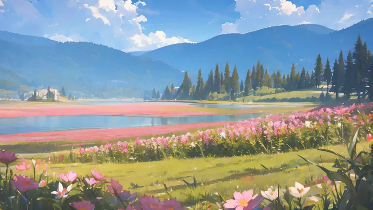 a valley with a huge lake in the morning, clouds and flowers