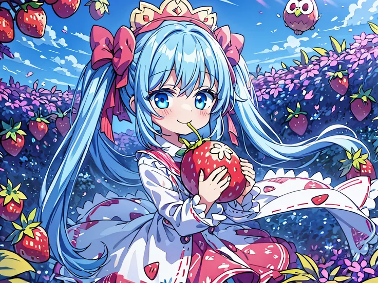 under the blue sky　A strawberry field((Some photos)).beautiful girl with long light blue hair　Hair style is twin tails　adorable smile　eating a big strawberry　Warm strawberry pattern down coat　A big owl is watching over the girl　