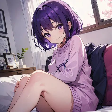 (T Masterpiece，4k wallpaper，best quality))、((girl１people))、(solo)、Brilliant，(purple hair)、(shortcut:1.3)、close up of face、smile、Bedroom、morning、sweater