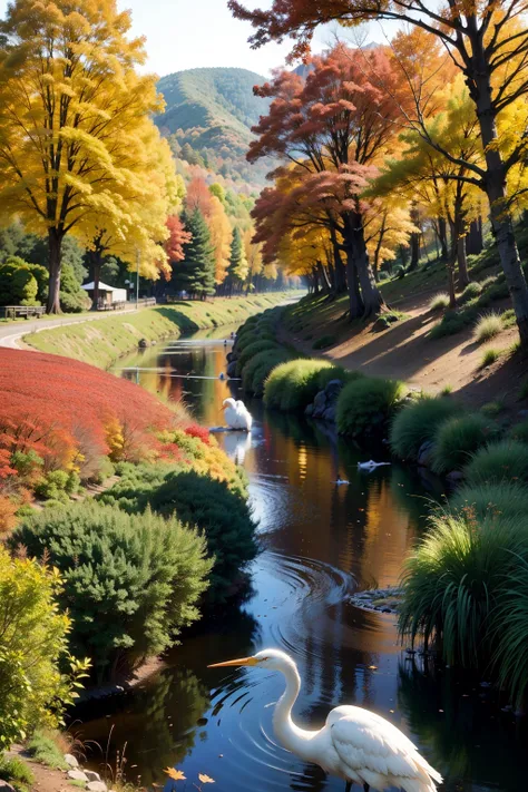 The mountains are sprawling，The forest is dyed，maple leaves like fire，Egrets dance，What a charming autumn color picture。