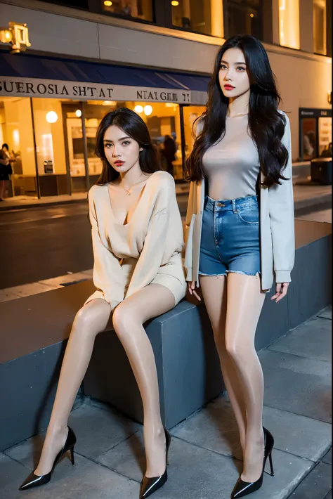 best quality, full body portrait, delicate face, pretty face, 16-year-old woman, slim figure, big bust, Wearing a long-sleeved sweater，Wear denim shorts，Stiletto high heels，wavy long hair，On the streets at night，big eyes，red lips，Heavy makeup，Black ultra-t...