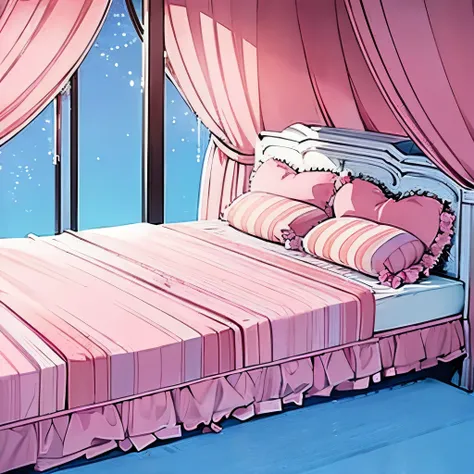 
a close up of a bed with a canopy and pillows, with soft pink colors, Princess, bed, beautiful, fantasy!!!, beautiful, ((pink)), beautiful”, bed is not made, pink, fairy tale, Gorgeous, heaven pink, celebrity, sleeping Princess!!!!, elegant, extravagant, ...