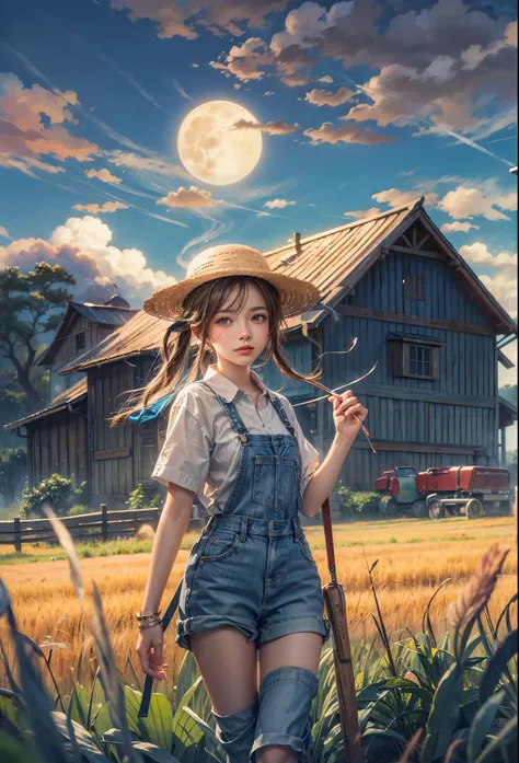 masterpiece, mid shot, anime style, highly detailed, concept art, oil painting, gouache, hard brush, centered, catgirl as a farmer, rice field, farmhouse background, farm life, cozy, award winning, vibrant color, gibli inspired, harvest moon, makoto shinka...