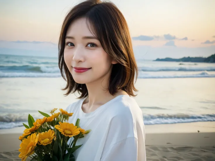 Early Morning Light、(8K、Raw photo、highest quality、masterpiece:1.2)、High-definition RAW color photo、professional photos、(realistic、photo realistic:1.37)、cinematic light、1 Japanese woman、laughter、(holding a bouquet)、smile、Shot on the beach、((blur the backgro...