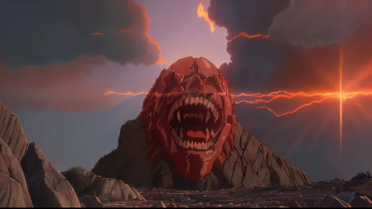 Attack on Titan,  imersivas, and dramatic lighting effects that create an inspiring visual experience. colossal titan, sem pele, teeth that are countless, caveira com carne, body of tendons and remains of meat.