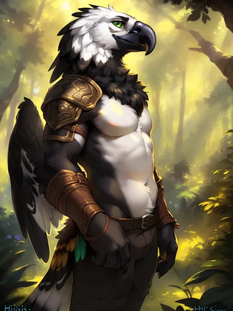 Upload to e621, (by hioshiru and kenket and dimwitdog, Michael & Inessa Garmash, Ruan Jia, Pino Daeni, Chunie), solo male (((Harpy, Brazilian eagle), black and white body, black arms, white and black belly, white face, black beak, green eyes)), (pels armor...