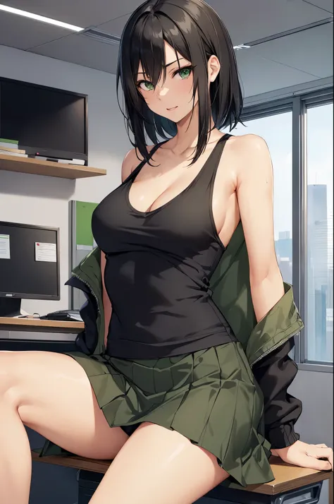 (stripping:1.2),(sexy:1.3),( woman:1.2),(shoulder length black hair),(black tank top),(green jacket and skirt),(enticing),(passionate),(office background),(sitting on desk),(desperate)