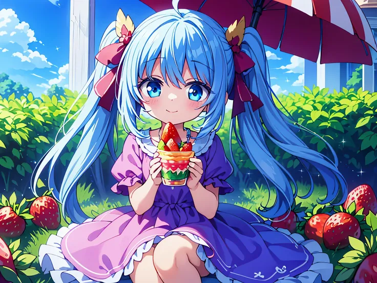 under the blue sky　A strawberry field((Some photos)).strawberries are falling from the sky　beautiful girl with long light blue hair　Hair style is twin tails　adorable smile　Eating a big strawberry parfait　Warm yellow sparkly metallic down coat　A big owl is ...