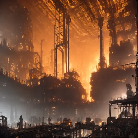 a large factory with a conveyor going through it at night, hive city archology, steel mill, molten iron, lava, overhead gantries, cranes, steam, fog, smoke, welding arcs, interior of a huge robot factory, in a massive cavernous iron city, factory backgroun...