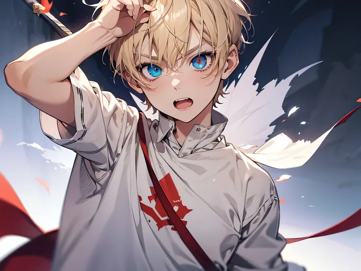 1 little kid, wearing white tshirt, holding a small sword on his hand, blonde hair, short hair, face to detail, blue and red eye colors(heterochromia), detailed eyes, confident facial expression, excited facial expression, open mouth, the background is vil...