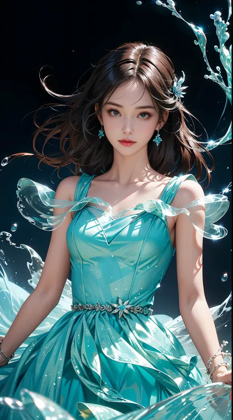 masterpiece, highest quality,Araphedo image of a girl in a blue dress,  (((Dresses made of water))) , fantasy dress,　Blue swirl dress, astral dress, magic dress, halation，real photos，realistic, High resolution, be familiar with, sharp focus、delicate featur...