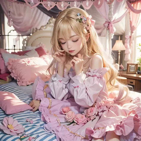 highest quality, masterpiece, highest resolution, artwork, super be familiar with, many detailed, detailed, be familiar with, woman, 10 years old, pink bed,king size bed,canopy bed,pink frilled pillows,pink frilled curtain,pajama girl ,pink pajama frilled ...