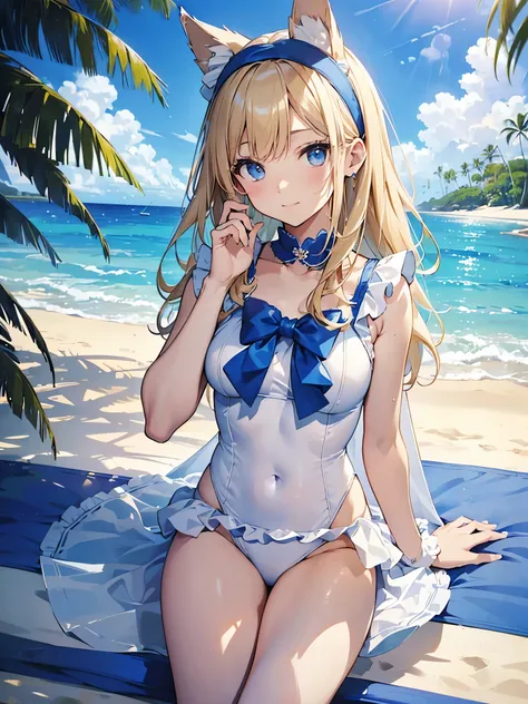 ((masterpiece、4K、8K、highest quality: 1.perfect fingers: 1.perfect anatomy: 1.3、background blur))、((Super precise expression))、((white ruffles、cute blue swimsuit：1.5、maid headband))、((16 years old、small face、dog ears、super beautiful girl、Blonde straight lon...