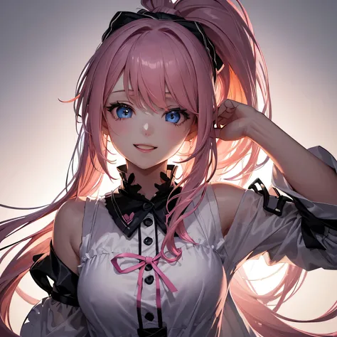 1 girl,Depps Sense,confused,catch light,Super beautiful illustration,(black and white,Clothes,dealer),(pink hair,ponytail:1.3),Cute big red ribbon,delicate and detailed light blue eyes,;d,beautiful and delicate flowing hair,big smile