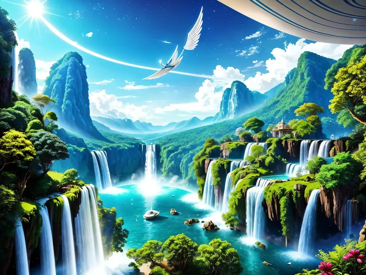 Create a vibrant, celestial scene of angels frolicking in the crystal clear waters of a waterfall that harmoniously intertwines with a futuristic celestial city. Desenhe anjos alegres e radiantes, Playing in the waters that flow from heavenly heights, mist...