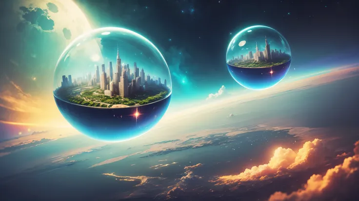 Floating sky city in a bubble, futuristic green city, floating in space, space background