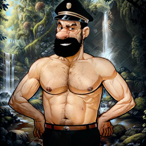 arafed man with a beard and a hat standing in front of a waterfall, technoviking male with no shirt, shirtless,captain, hairy ch...