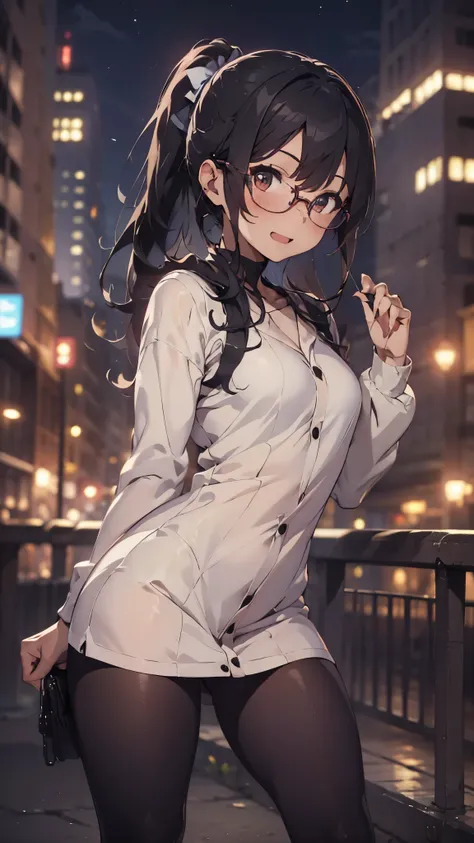 woman,20-year-old,,city,night,white tight miniskirt bodysuit,(),open mouth smile((See-through))glasses,((beautiful long ponytail))