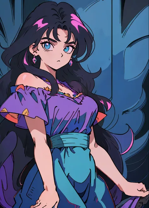 ((masterpiece)), (((best quality))), ((ultra-detailed)), ((illustration)), (dragon ball super style), magical girl, gemstone themed, Iolite gem, indigo hair, cool toned goth colors, long curly hairstyle, perfect quality, black gothic off the shoulder comba...