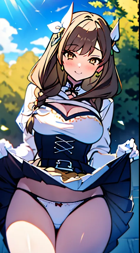 masterpiece,best quality,detailed,ultra detailed,insanely detailed,1girl,anime screencap,illustration,from below,pantieswhite panties,skirt lift,flipped my skirt、Smiling,Blushing,Confident,Loving,garden,goldmarydefault, 1girl, long hair, hair ornament, cle...