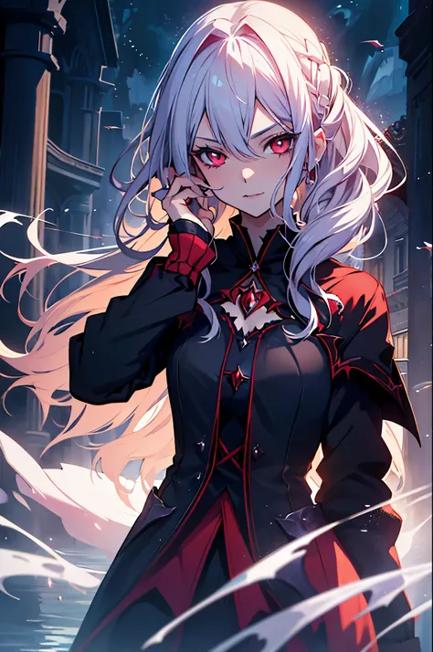 With white hair and Blue eyes,beautiful as a fairy,A cute expression that stirs affection,side face,floating hair,light particles,glare,vivid,fancy,dreamlike,a dim atomshpere, ((Vampire Girl)) ((Vampire Princess)) ((Dark Fantasy)) ((Red-Eyes)) ((Mature))