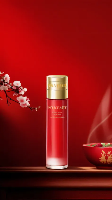 Alafid red bottle red beauty with a bowl of rice, inspired author：Yao Tingmei, sha xi, scarlet, red theme, author：Yao Tingmei, red mood in background, by Ni Yuanlu, red glowing skin, The sky is filled with the scent of red flowers, strict, rich red, law, s...