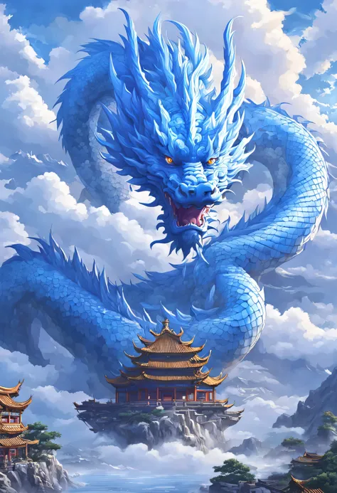 arian landscape,in fantasy world,chinese traditional architecture,blue dragon,cloud,ocean,sky,mountain, thunder，{a head}