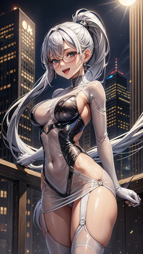 woman,20-year-old,,city,night,white tight miniskirt bodysuit,(),open mouth smile((See-through))Glasses,((Beautiful long ponytail))