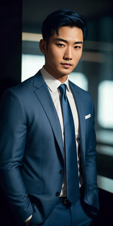 Asian male anchor, handsome face, short hair, 28 years old, light blue suit、dark blue tie、, photoactual, photo, masterpiece, actual, realism, photorealism, high contrast, photoactual digital art trending on Artstation 8k HD high definition detailed actual,...