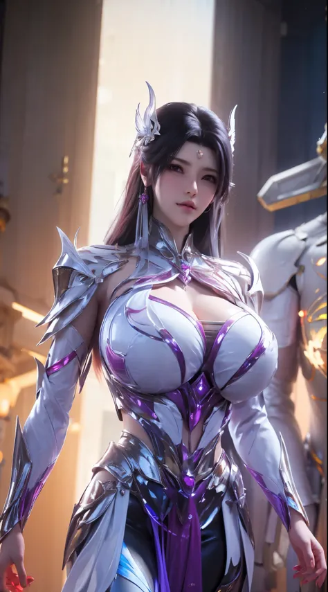 (HYPER-REALISTIC:1.5), 1GIRL WITH WHITE HAIR, (PHOENIX GOLD HELM:1.1), (HUGE FAKE BREAST:1.5), ((CLEAVAGE:1.5)), (MUSCLE ABS:1.3), (MECHA GUARD ARMS:1.1), (MAGENTA SHINY FUTURISTIC MECHA ARMOR CROP TOP, BLACK MECHA SKINTIGHT LEGGINGS,POTRAIT:1.5), (MUSCULA...