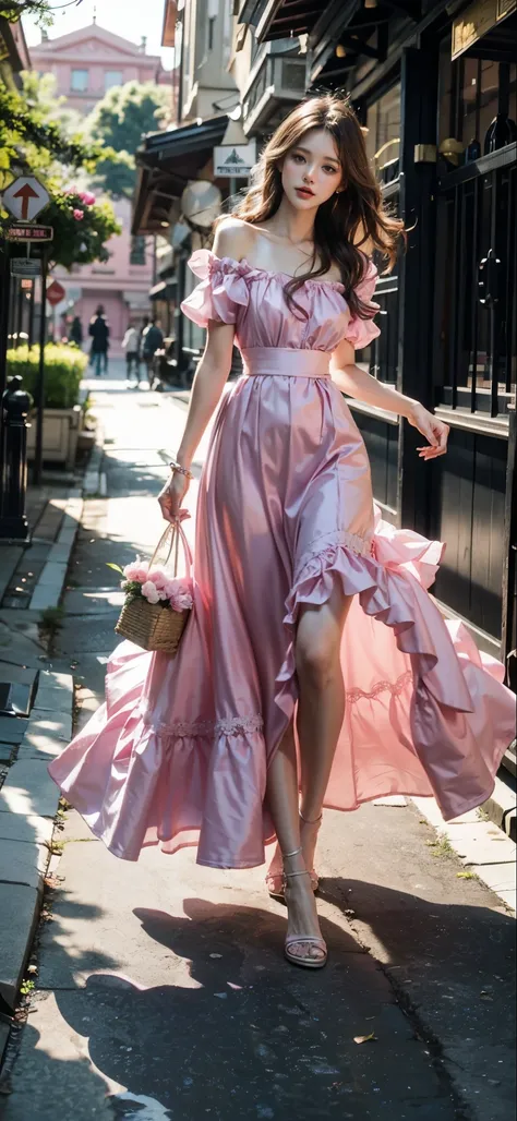 araffe woman in a pink skirt walking down a path, Romantic dresses, wearing a flowing dress, soft Silk dress, flowing dress, ethereal beauty, Pink or purple dress, pink skirt, gorgeous lady, dressed in a pink skirt, victorian dress, wearing a pink skirt, S...