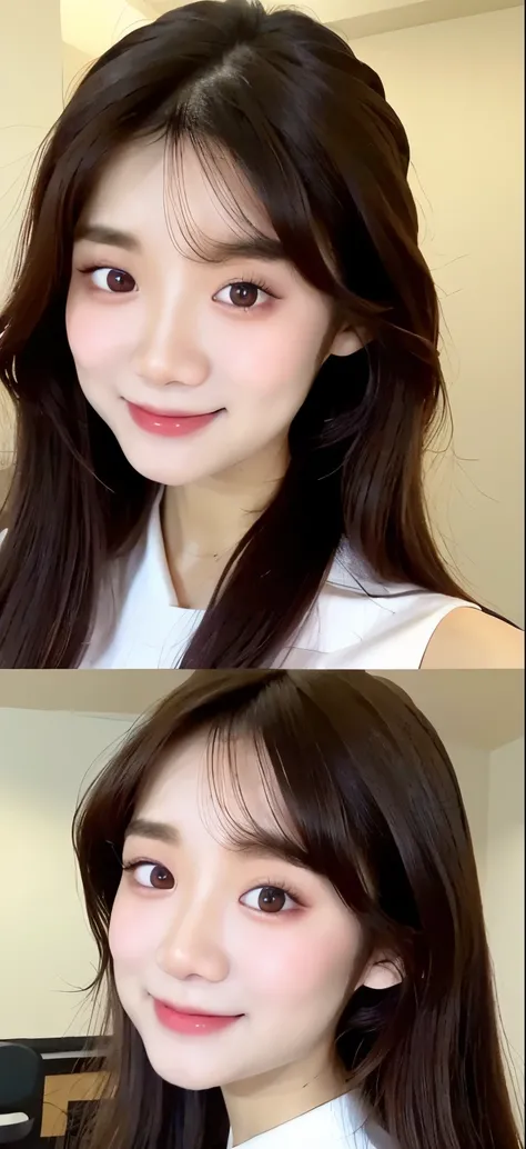 Close-up of a woman with long hair and white shirt, 年轻cute korean face, Beautiful young Korean woman, Beautiful young Korean woman, Young cute asian face, beautiful korean woman, Korean symmetrical face, Tzuyu from Twice, Cute and delicate face, cute korea...