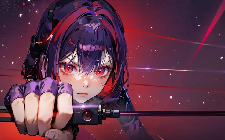 Red-eyed anime girl holding a gun in front of a purple and red background, Gap Moe Yandere Grim Dark, portrait Gap Moe Yandere Grim Dark, gapmoe yandere, with shining red eyes, Red lasers, terrible anime 8k, Red laser, Best Anime 4K Kona-chan Wallpaper, La...