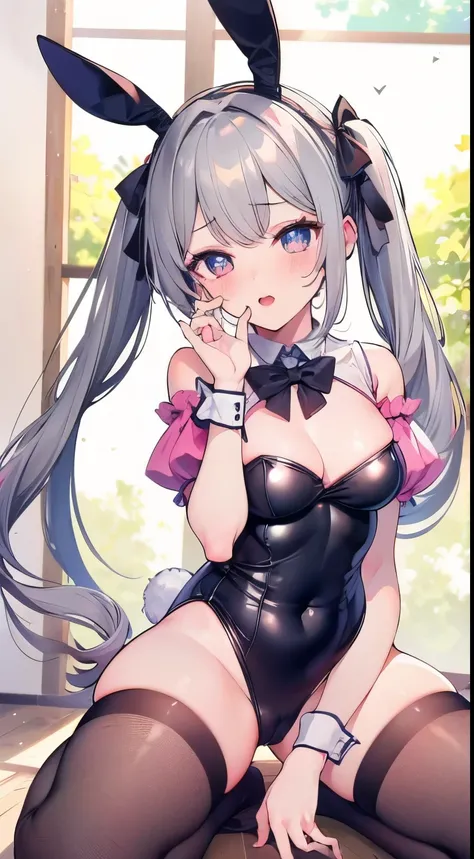 ((hypnotized girl)), pink big hypnotic eyes,  1 petite and slender woman, considerably enlarged breasts,   ((Gray hair)),((black ribbon twintail hair,)),In 8K, top quality, (highly detailed head: 1.0), (very detailed face: 1.0), (highly detailed hair: 1.0)...