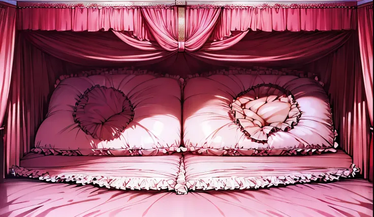 The room has a pink bed with a canopy, bedroom background,luxury,(huge bed), ((lot of frilled pink pillows)),((canopy bed)),((frilled curtain)),((Plush pillow)),((Fluffy futon))