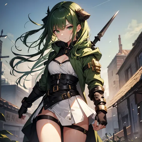 A 16-year-old young girl with fair skin, green eyes, and dark green hair with slightly thick and pointed strands. She wears a slightly sensual outfit with subtle provocative touches, but its a warriors attire. Over her clothing, she wears a coat, but the h...