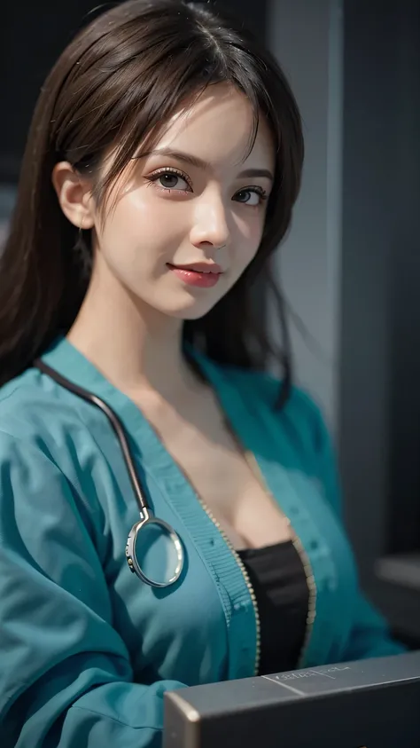 A beautiful female doctor in a professional clinic, (best quality, high resolution, Super detailed), Wearing a crisp white lab coat, and the warm smile on her face. Doctor&#39;s eyes are chiseled, Perfectly shaped nose, and luscious lips. The clinic is wel...