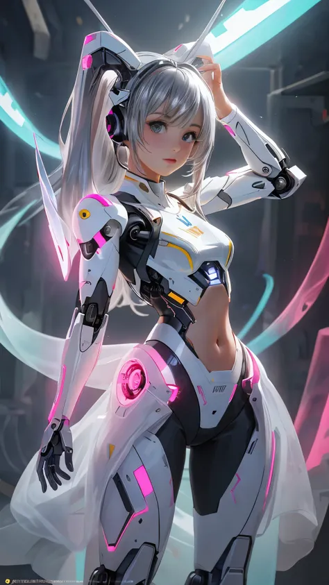 (La mejor calidad,A high resolution,Ultra - detallado,actual),Ariana Grande japonesa androide cyborg, robotic parts, hermoso estudio con luz suave, Detalles vibrantes, Ciberpunk de lujo, (Android body made of white and silver transparent glass and plastic:...