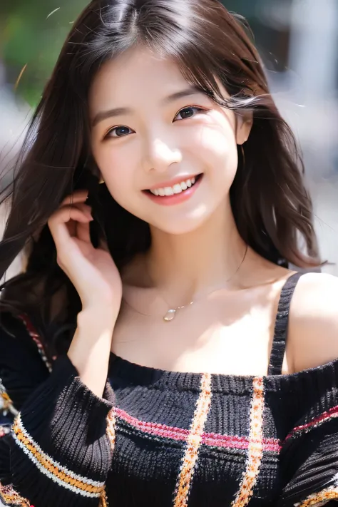 「Cute and cuddly beauty」、1 person、laughter、bright eyes、soft expression、soft hair、bright shades、20-year-old、Optimistic personality、Pop Fashion、wearing a black frilly dress。