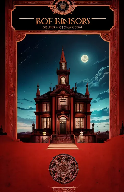 ((capa de livro)), ((ornamentos nas bordas)), ((figure of a mansion in the center)), ((estilo inspirado no livro "O Chamado de Cthulu e Outros Contos)). ((Tons de vermelho e preto)), ((sem figuras humanas)). ((Mansion in the center of the cape)).