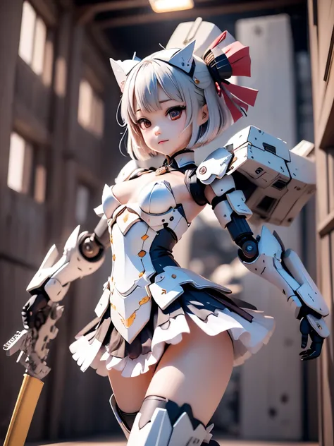 armor colored white and blue,,japanese young girl, {(wear gothic lolita clothes with white frills:1.2)}, wears a futuristic Gundam style armor, with headgear, with v-fin , armored shoulders,armored under arms, armored under legs,full body:1.5, battle pose,...