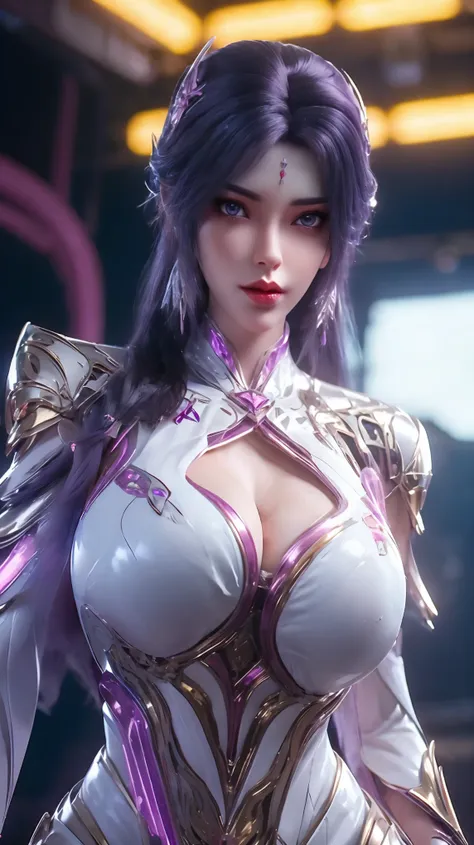 (hyper-realistic:1.5), (purple long hair,phoenix gold helm:1.1), (huge fake breast:1.5), ((cleavage:1.5)), (muscle abs:1.3), (me...