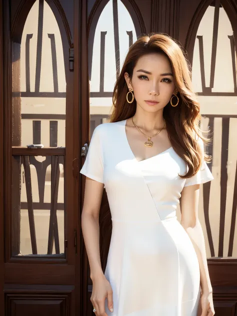 je4nn1e, wearing a white silky dress, gold necklace, gold earrings, gold bracelet,