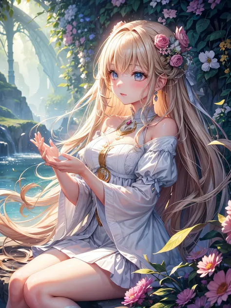 soft lighting, dreamy atmosphere, ethereal aesthetic, fantasy theme, nature elements, floral background, delicate details, flowing hair, whimsical pose, vibrant colors, flower petal falling, sitting