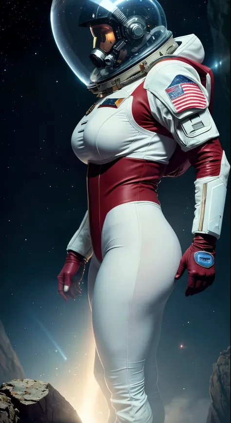 Alison Tyler as space marine, wearing white and red space suit, futuristic helmet, tined face shield, rebreather, accentuated booty, Highly detailed RAW color Photo, Full Body, (leaning over rocky Edge, looking out at advanced alien structure) toned body, ...