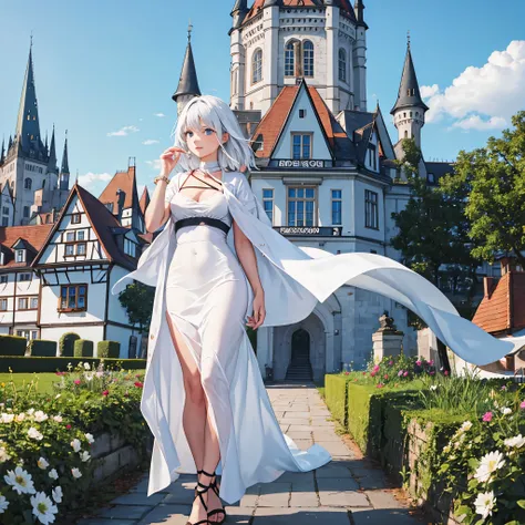 a woman in white sophisticated clothes in a german castle