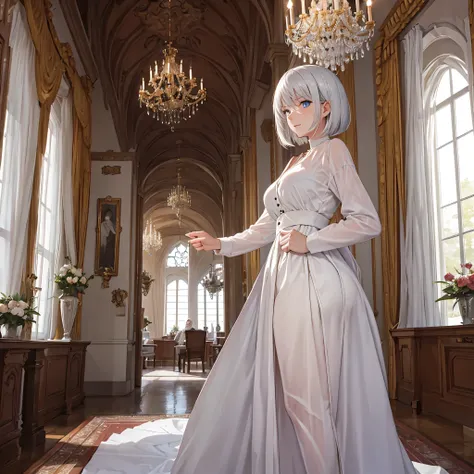 a woman with sophisticated white clothes, short hair in a german castle